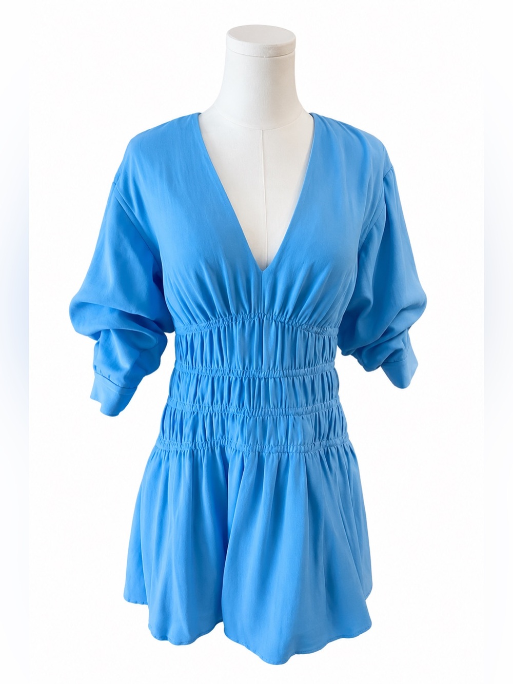 Jonathan Simkhai Diem Gauze Short-Sleeve Blue Smocked Mini Bubble Dress sz 6